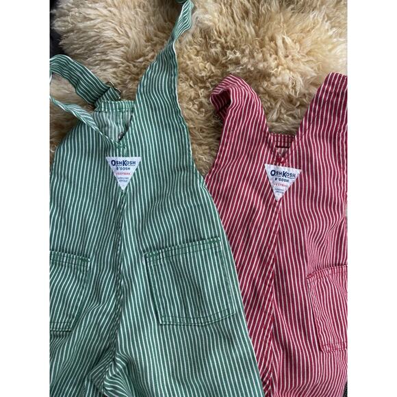 Lot 2 Vintage Osh Kosh Baby Overalls 18m 24m Red Green Striped USA